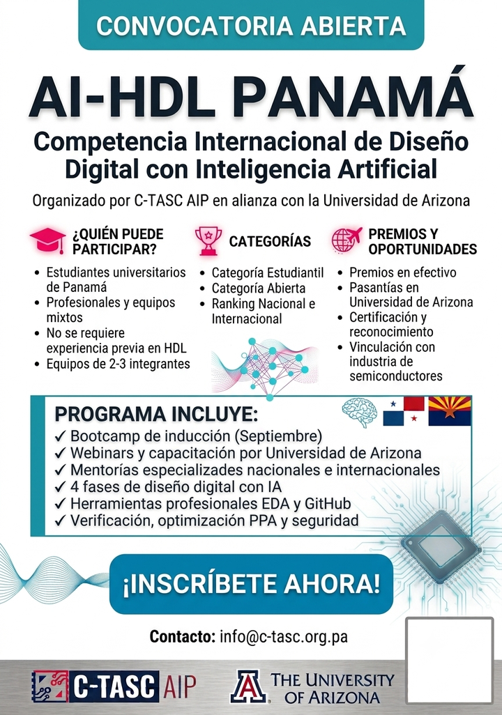 Afiche de la convocatoria AI-HDL Panamá: competencia internacional de diseño digital con inteligencia artificial, organizada por C-TASC AIP en alianza con la Universidad de Arizona.